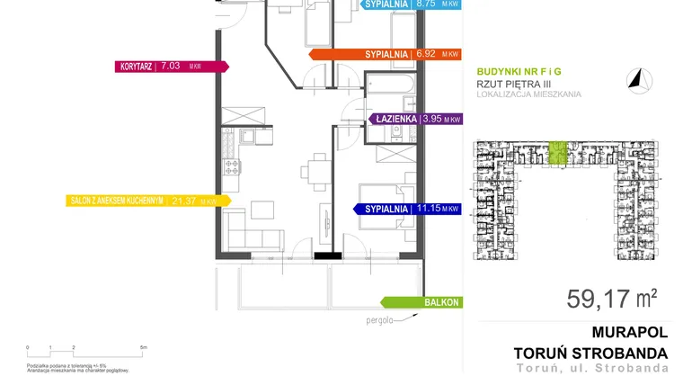 Rzut - Mieszkanie na sprzedaż 4 pokoje o powierzchni 59,17 m² - numer F2.3.1 w Murapol Nowy Toruń