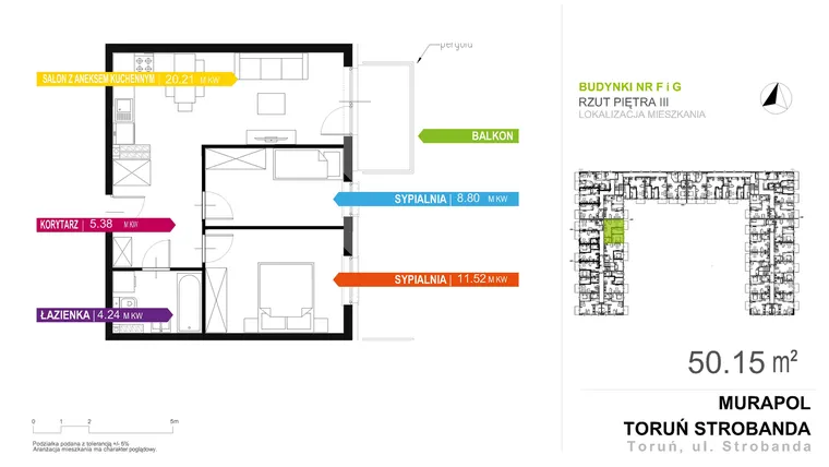 Rzut - Mieszkanie na sprzedaż 3 pokoje o powierzchni 50,15 m² - numer F1.3.9 w Murapol Nowy Toruń