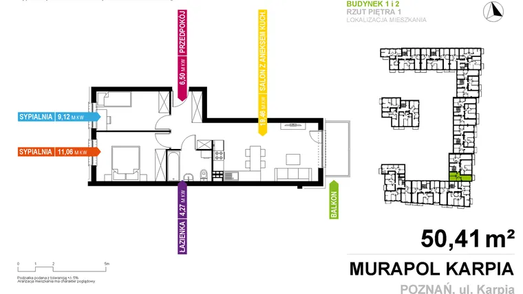Rzut - Mieszkanie na sprzedaż 3 pokoje o powierzchni 50,41 m² - numer 1.G.1.03 w Murapol Nowy Poznań