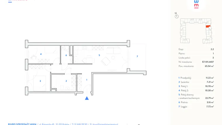 Rzut - Mieszkanie na sprzedaż 3 pokoje o powierzchni 67,06 m² - numer E7.101.M7 w Mieszkaj w mieście - etap Wizjonerów budynek D i E.