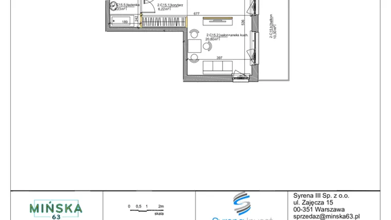 Rzut - Mieszkanie na sprzedaż 1 pokój o powierzchni 31,79 m² - numer C15 w Mińska 63