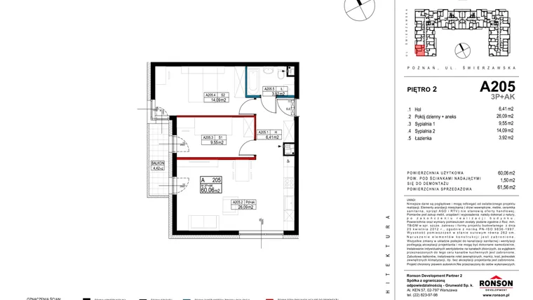 Rzut - Mieszkanie na sprzedaż 3 pokoje o powierzchni 61,56 m² - numer A205 w Grunwald2