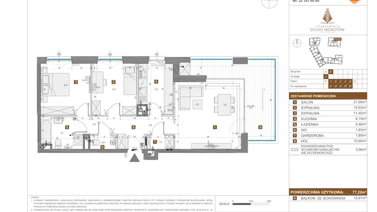 Rzut - Mieszkanie na sprzedaż 3 pokoje o powierzchni 77,22 m² - numer B.19 w Apartamenty Dolny Mokotów