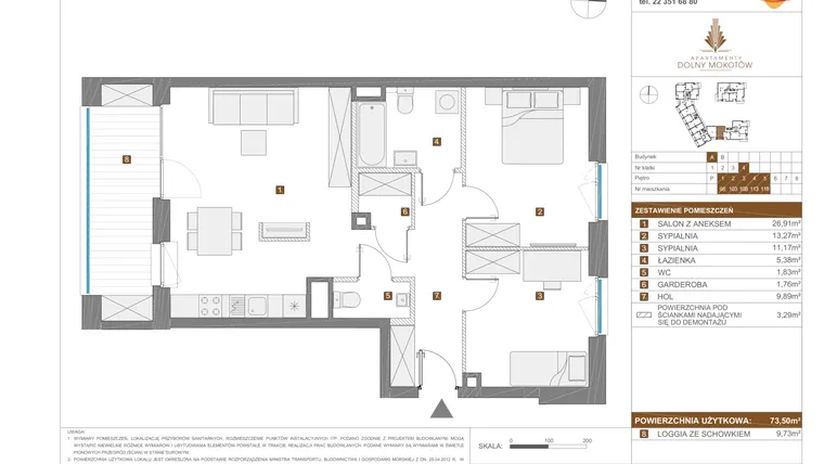 Rzut - Mieszkanie na sprzedaż 3 pokoje o powierzchni 73,57 m² - numer A.98 w Apartamenty Dolny Mokotów