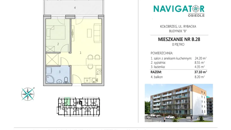 Rzut - Mieszkanie na sprzedaż 2 pokoje o powierzchni 37,1 m² - numer 28B w Osiedle Navigator