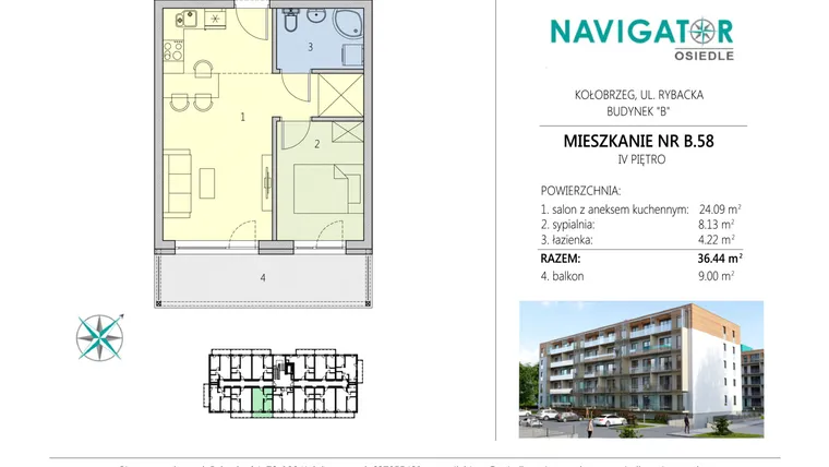 Rzut - Mieszkanie na sprzedaż 2 pokoje o powierzchni 36,44 m² - numer 58B w Osiedle Navigator