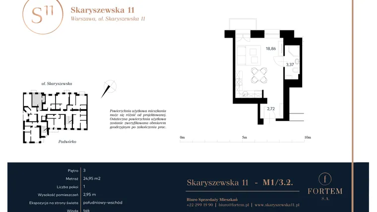 Rzut - Mieszkanie na sprzedaż 1 pokój o powierzchni 24,95 m² - numer M.3.2 w Skaryszewska 11