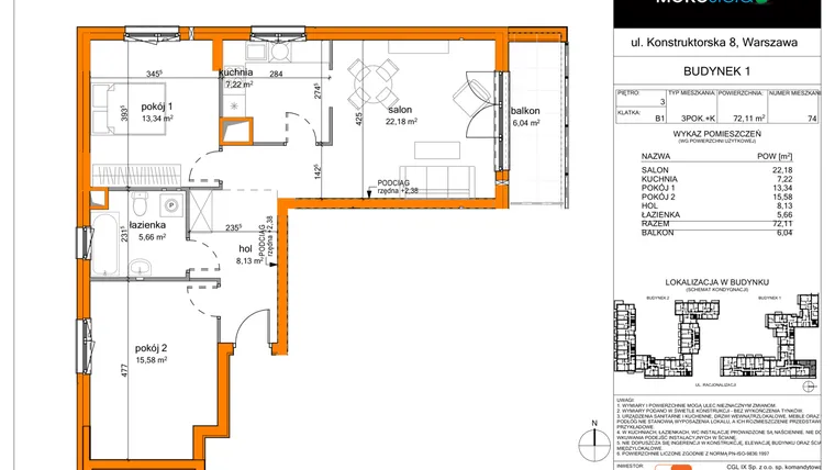 Rzut - Mieszkanie na sprzedaż 3 pokoje o powierzchni 72,11 m² - numer 74 w MOKOsfera