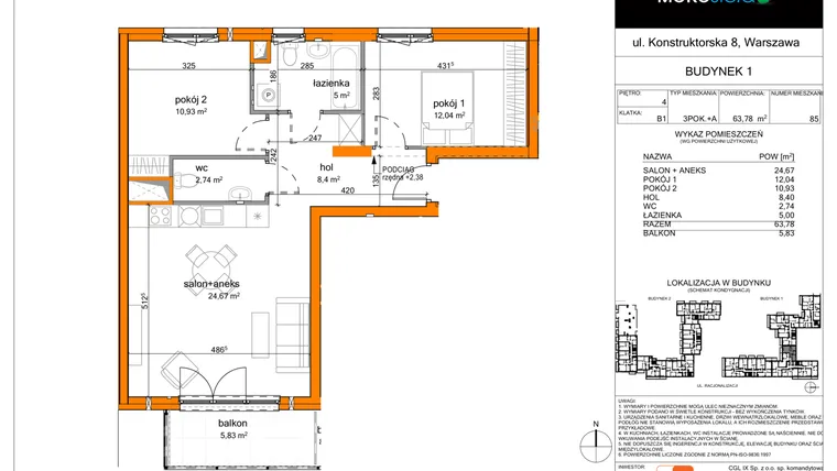 Rzut - Mieszkanie na sprzedaż 3 pokoje o powierzchni 63,78 m² - numer 85 w MOKOsfera