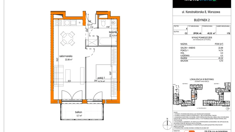 Rzut - Mieszkanie na sprzedaż 2 pokoje o powierzchni 45,32 m² - numer 179 w MOKOsfera