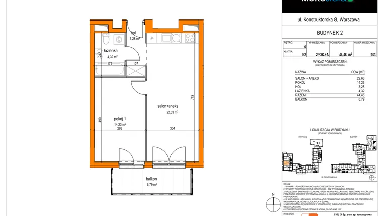 Rzut - Mieszkanie na sprzedaż 2 pokoje o powierzchni 44,46 m² - numer 253 w MOKOsfera