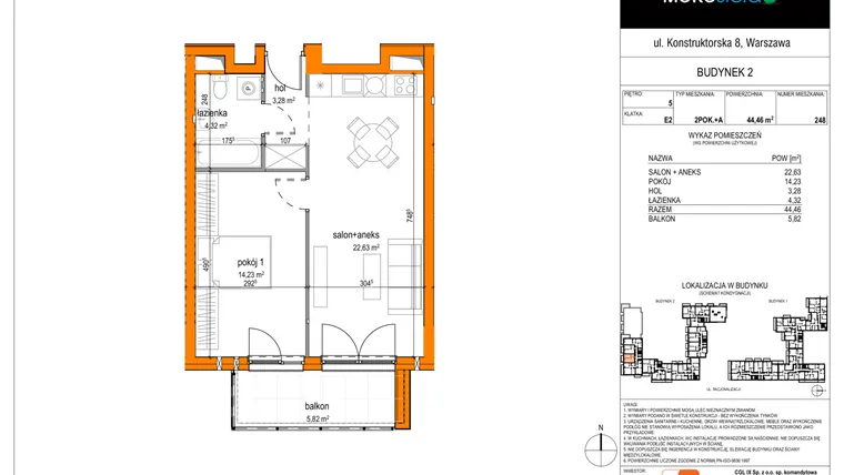 Rzut - Mieszkanie na sprzedaż 2 pokoje o powierzchni 44,46 m² - numer 248 w MOKOsfera