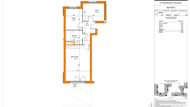 Rzut - Mieszkanie na sprzedaż 3 pokoje o powierzchni 56,79 m² - numer 165 w MOKOsfera