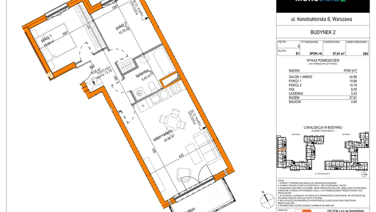 Rzut - Mieszkanie na sprzedaż 3 pokoje o powierzchni 57,91 m² - numer 264 w MOKOsfera