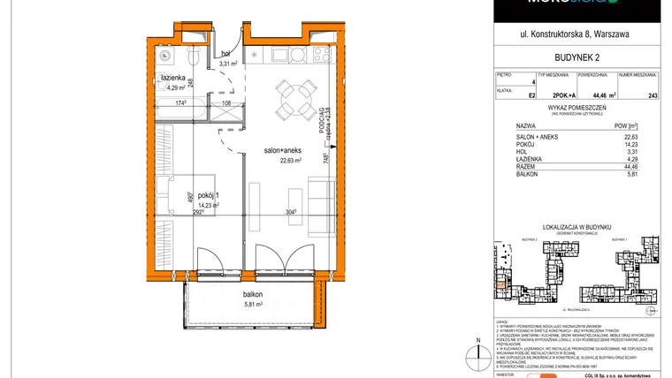 Rzut - Mieszkanie na sprzedaż 2 pokoje o powierzchni 44,46 m² - numer 243 w MOKOsfera