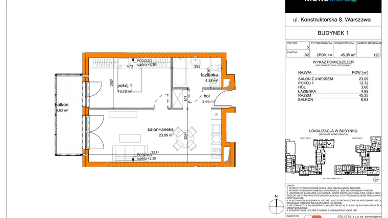 Rzut - Mieszkanie na sprzedaż 2 pokoje o powierzchni 45,35 m² - numer 126 w MOKOsfera
