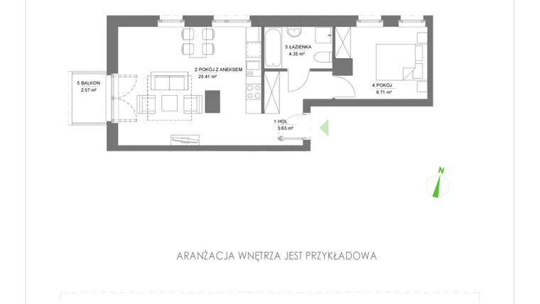 Rzut - Mieszkanie na sprzedaż 2 pokoje o powierzchni 45,1 m² - numer A11 w Osiedle Pasteura