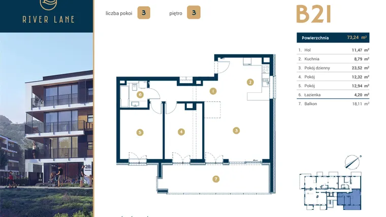 Rzut - Mieszkanie na sprzedaż 3 pokoje o powierzchni 73,24 m² - numer B.21 w River Lane