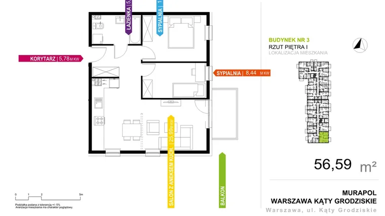 Rzut - Mieszkanie na sprzedaż 3 pokoje o powierzchni 56,59 m² - numer 3.B.1.2 w Murapol Osiedle Natura