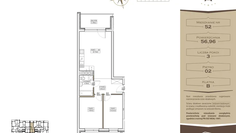 Rzut - Mieszkanie na sprzedaż 3 pokoje o powierzchni 56,96 m² - numer 52 w Awiator