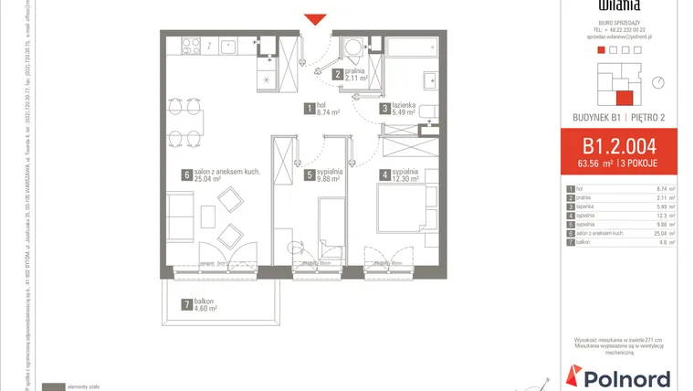 Rzut - Mieszkanie na sprzedaż 3 pokoje o powierzchni 63,56 m² - numer B1.2.004 w Wilania