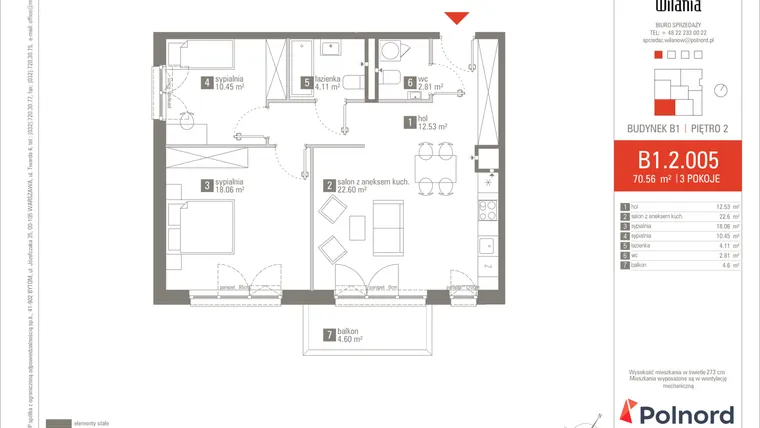 Rzut - Mieszkanie na sprzedaż 3 pokoje o powierzchni 70,56 m² - numer B1.2.005 w Wilania