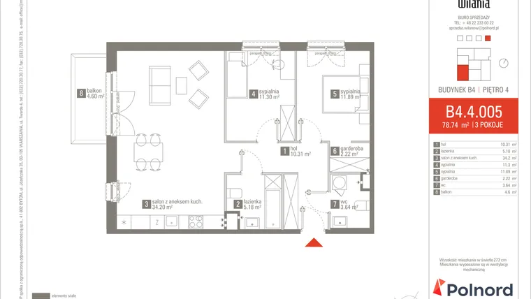 Rzut - Mieszkanie na sprzedaż 3 pokoje o powierzchni 78,74 m² - numer B4.4.005 w Wilania