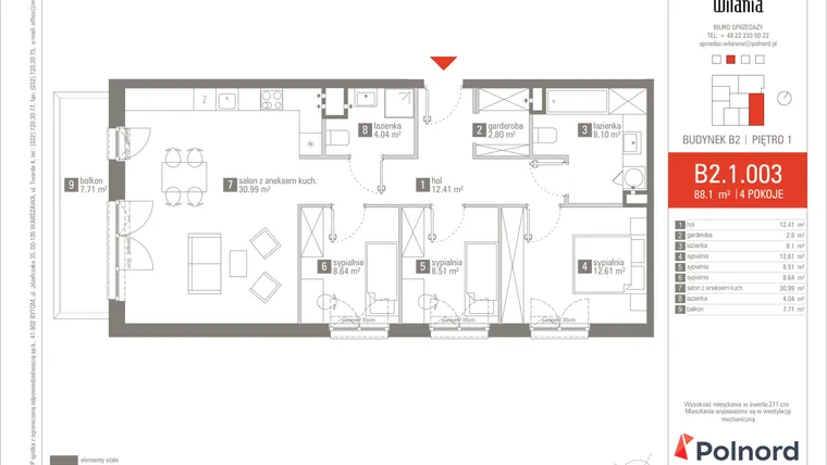 Rzut - Mieszkanie na sprzedaż 4 pokoje o powierzchni 88,1 m² - numer B2.1.003 w Wilania