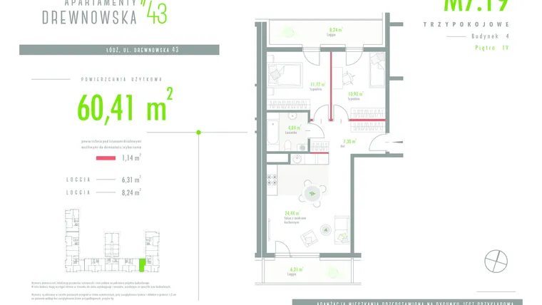 Rzut - Mieszkanie na sprzedaż 3 pokoje o powierzchni 60,59 m² - numer 7.19 w Apartamenty Drewnowska 43 II