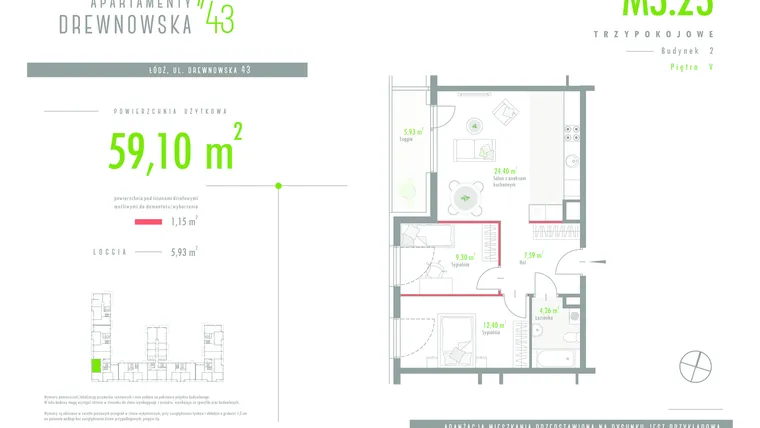 Rzut - Mieszkanie na sprzedaż 3 pokoje o powierzchni 59,1 m² - numer 3.23 w Apartamenty Drewnowska 43 II