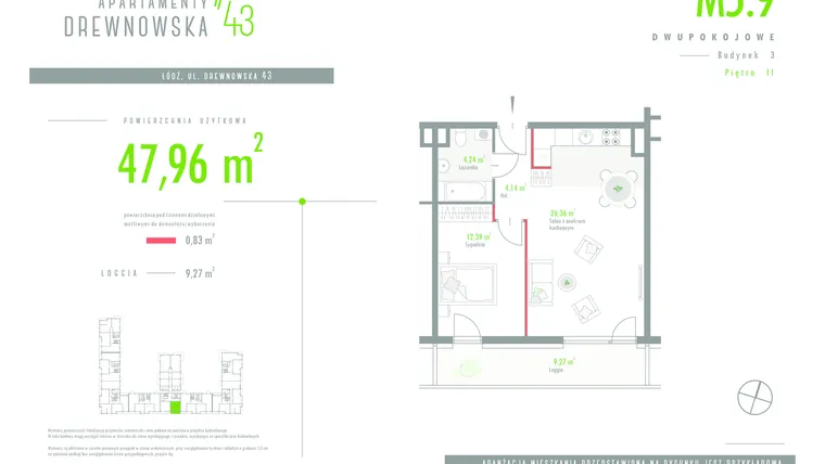Rzut - Mieszkanie na sprzedaż 2 pokoje o powierzchni 47,96 m² - numer 5.9 w Apartamenty Drewnowska 43 II