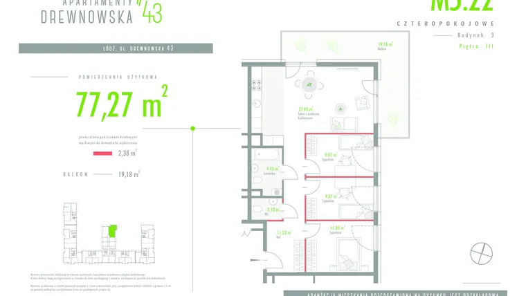 Rzut - Mieszkanie na sprzedaż 4 pokoje o powierzchni 77,41 m² - numer 5.22 w Apartamenty Drewnowska 43 II
