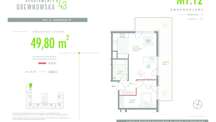 Rzut - Mieszkanie na sprzedaż 2 pokoje o powierzchni 49,8 m² - numer 1.12 w Apartamenty Drewnowska 43 II