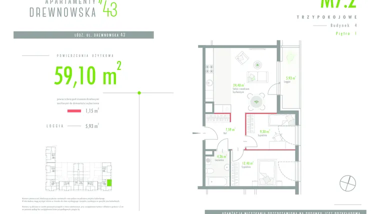 Rzut - Mieszkanie na sprzedaż 3 pokoje o powierzchni 59,1 m² - numer 7.2 w Apartamenty Drewnowska 43 II