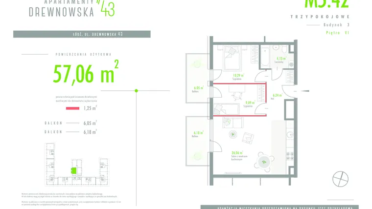 Rzut - Mieszkanie na sprzedaż 3 pokoje o powierzchni 57,17 m² - numer 5.42 w Apartamenty Drewnowska 43 II