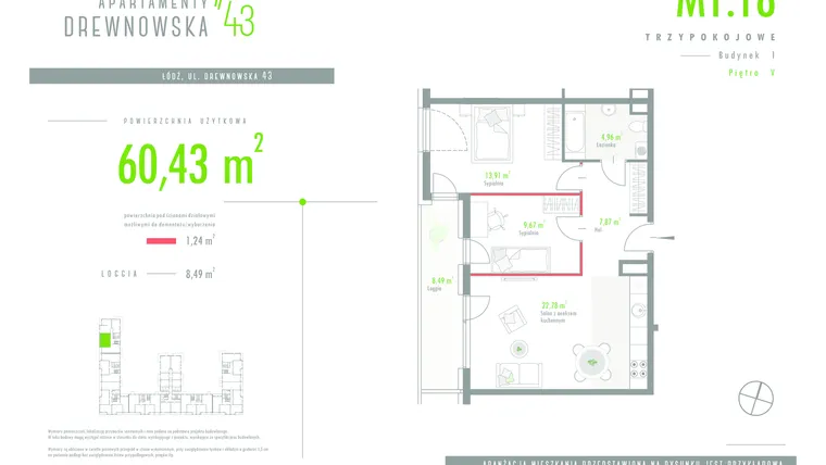 Rzut - Mieszkanie na sprzedaż 3 pokoje o powierzchni 60,43 m² - numer 1.18 w Apartamenty Drewnowska 43 II