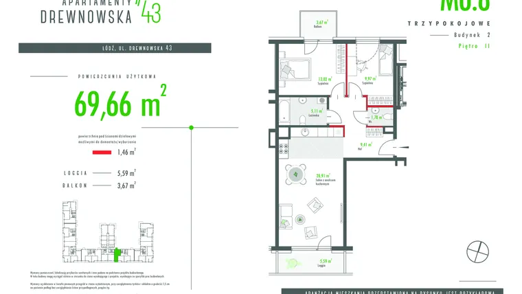 Rzut - Mieszkanie na sprzedaż 3 pokoje o powierzchni 69,66 m² - numer 6.8 w Apartamenty Drewnowska 43 II