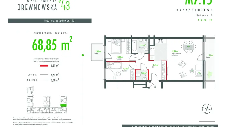 Rzut - Mieszkanie na sprzedaż 3 pokoje o powierzchni 68,85 m² - numer 7.15 w Apartamenty Drewnowska 43 II