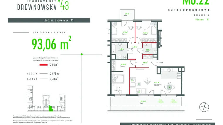Rzut - Mieszkanie na sprzedaż 4 pokoje o powierzchni 93,06 m² - numer 6.22 w Apartamenty Drewnowska 43 II