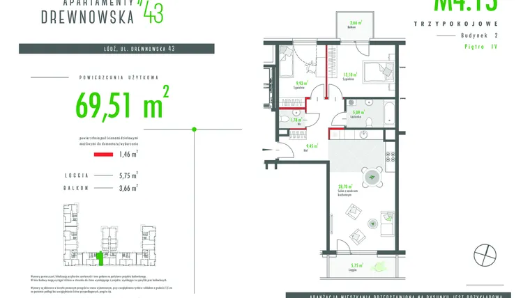 Rzut - Mieszkanie na sprzedaż 3 pokoje o powierzchni 69,51 m² - numer 4.13 w Apartamenty Drewnowska 43 II