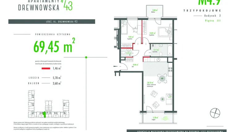 Rzut - Mieszkanie na sprzedaż 3 pokoje o powierzchni 69,45 m² - numer 4.9 w Apartamenty Drewnowska 43 II