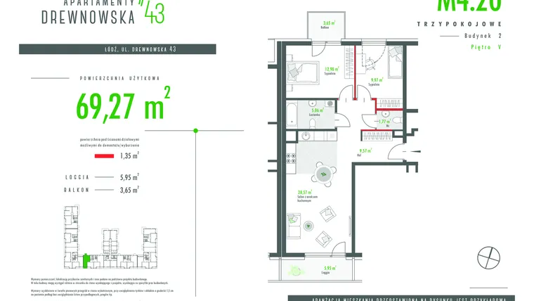 Rzut - Mieszkanie na sprzedaż 3 pokoje o powierzchni 69,27 m² - numer 4.20 w Apartamenty Drewnowska 43 II