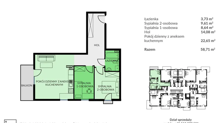 Rzut - Mieszkanie na sprzedaż 3 pokoje o powierzchni 58,71 m² - numer D18 w Osiedle Urodzajna