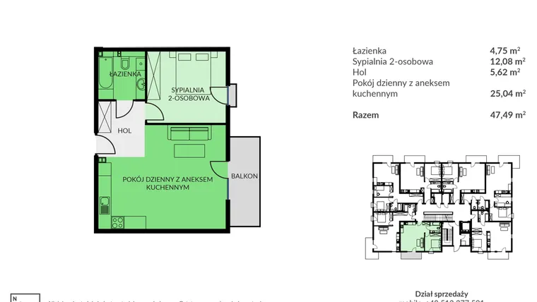 Rzut - Mieszkanie na sprzedaż 2 pokoje o powierzchni 47,49 m² - numer D01 w Osiedle Urodzajna