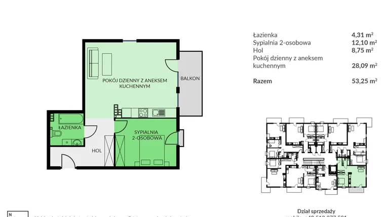 Rzut - Mieszkanie na sprzedaż 2 pokoje o powierzchni 53,25 m² - numer B30 w Osiedle Urodzajna