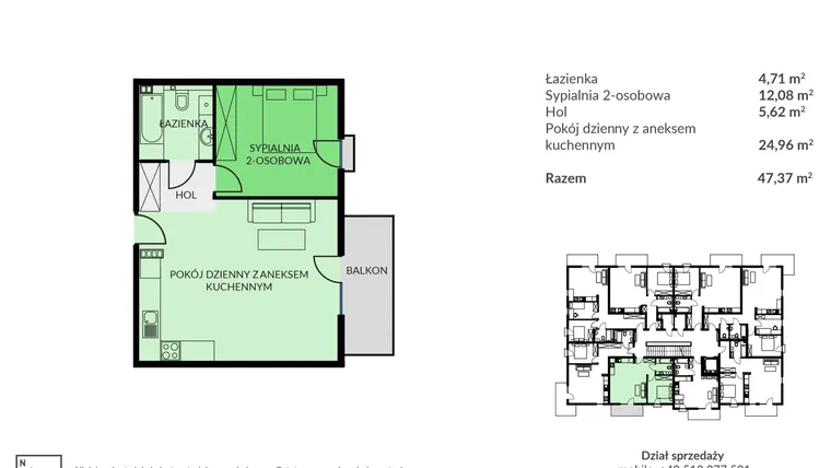 Rzut - Mieszkanie na sprzedaż 2 pokoje o powierzchni 47,37 m² - numer D08 w Osiedle Urodzajna